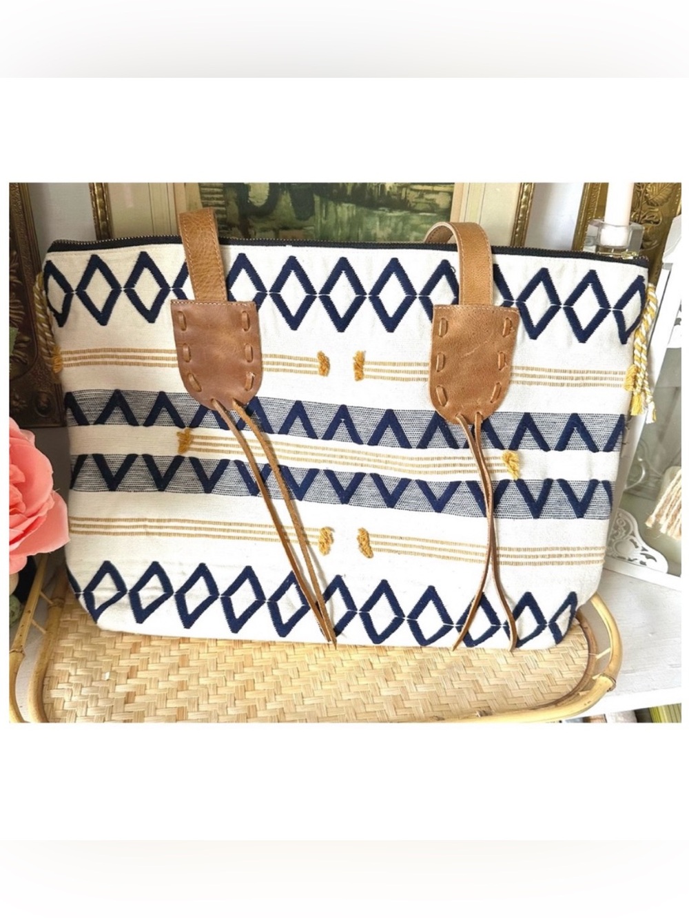 Noonday Collection Aventura Woven & Leather Tote Bag in Navy Blue & Yellow